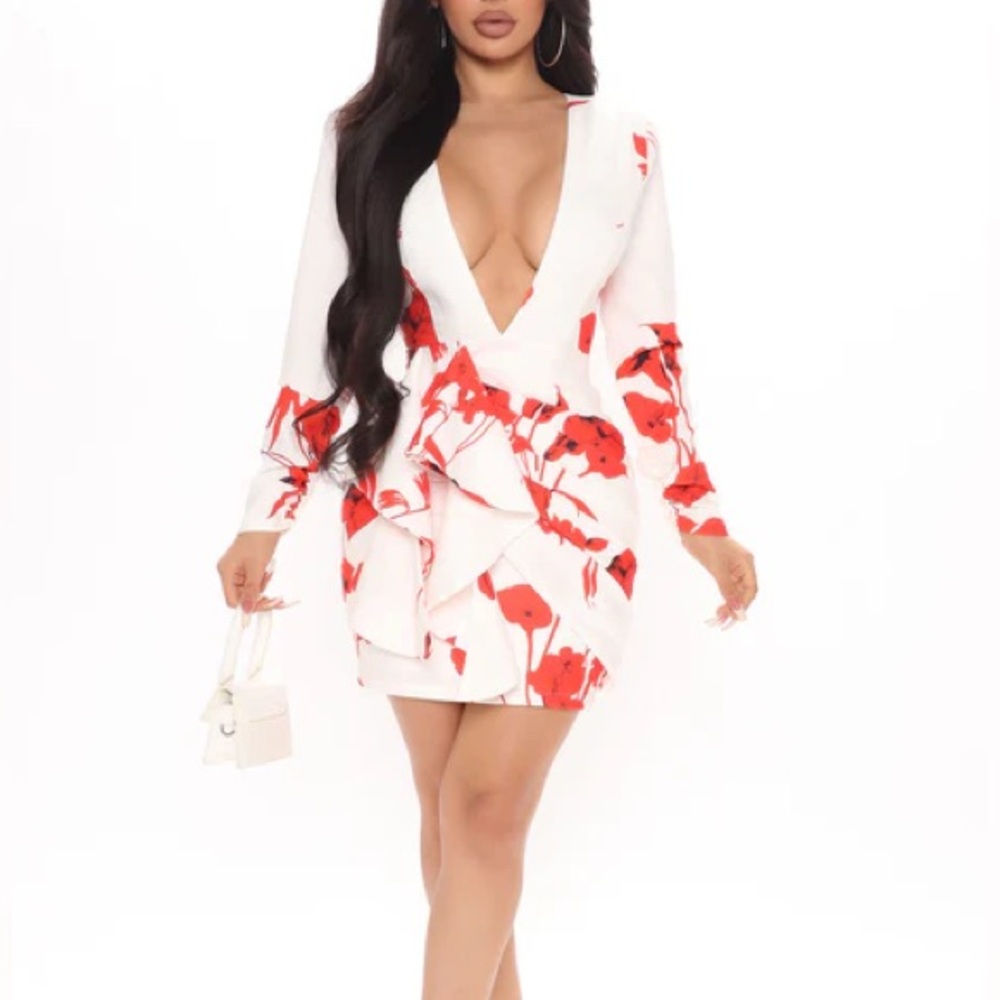 Elegant Red and White Floral Dress